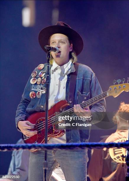 Win Butler of Arcade Fire performs during the ÔInfinite ContentÕ tour at ORACLE Arena on October 21, 2017 in Oakland, California.