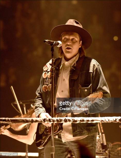 Win Butler of Arcade Fire performs during the ÔInfinite ContentÕ tour at ORACLE Arena on October 21, 2017 in Oakland, California.