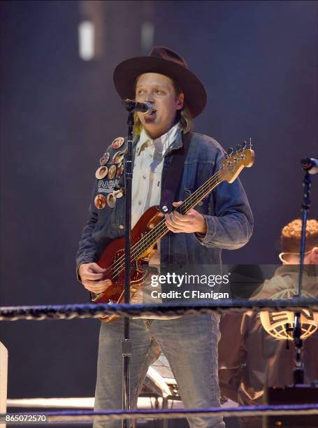 Win Butler of Arcade Fire performs during the ÔInfinite ContentÕ tour at ORACLE Arena on October 21, 2017 in Oakland, California.