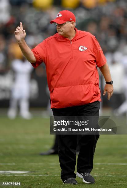 Head coach Andy Reid of the Kansas City Chiefs looks on during pregame warm ups prior to playing the Oakland Raiders in an NFL football game at...
