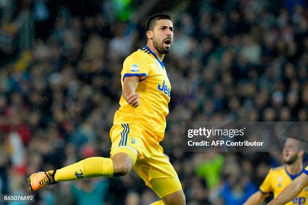 Juventus' German midfielder Sami Khedira celebrates scoring his team's fourth goal during the Italian Serie A football match Udinese vs Juventus at...