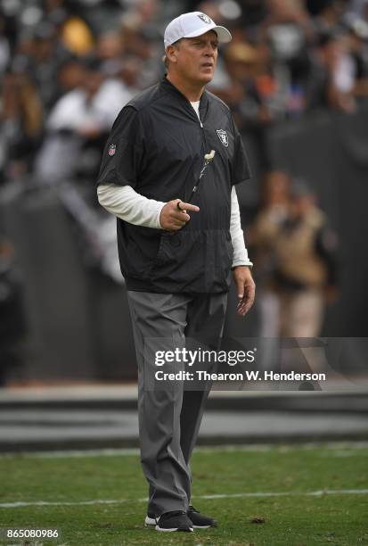 Head coach Jack Del Rio of the Oakland Raiders looks on during pregame warm ups prior to playing the Kansas City Chiefs in an NFL football game at...