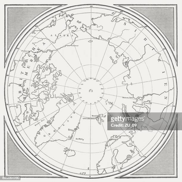 ilustraciones, imágenes clip art, dibujos animados e iconos de stock de mapa histórico del ártico, grabado en madera, publicado en 1882 - pasaje del noroeste