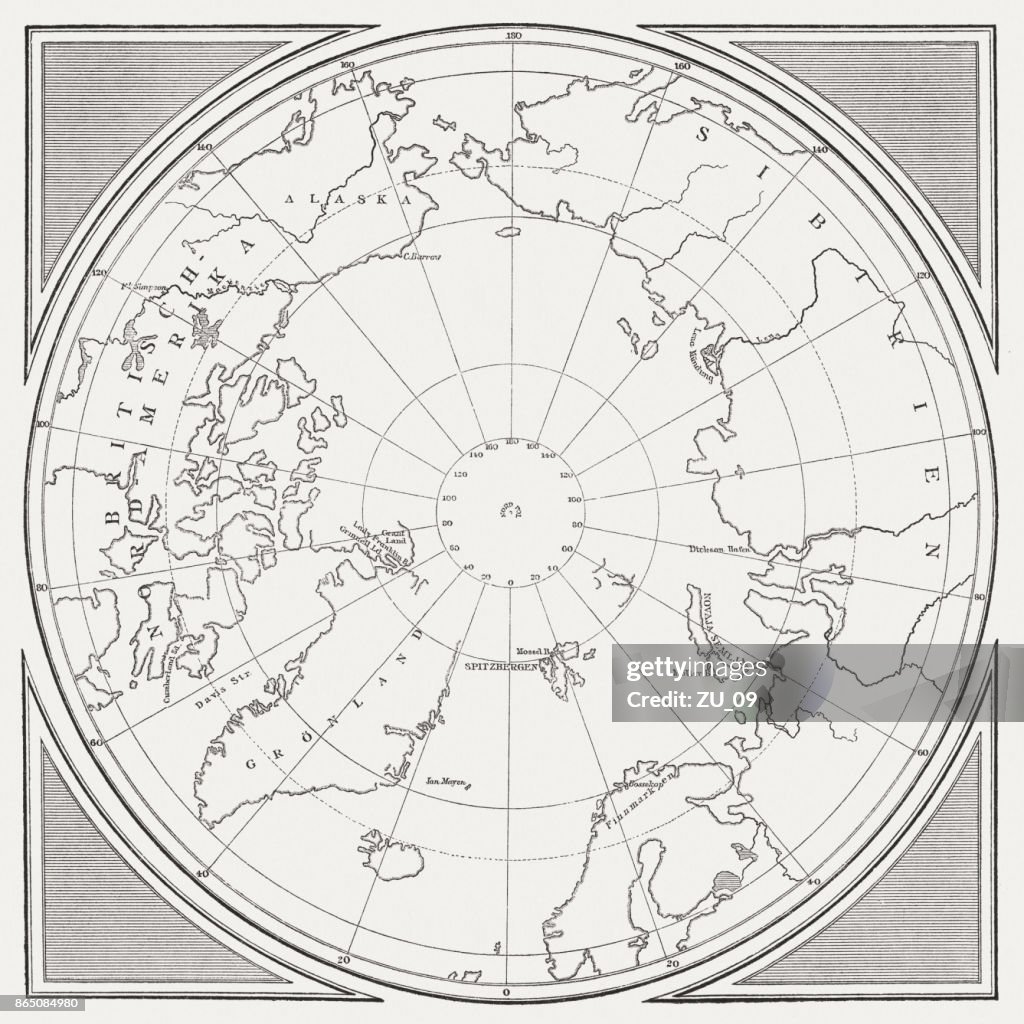 Historic Map of the Arctic, wood engraving, published in 1882