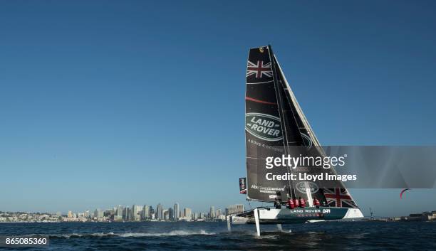 San Diego, California, USA. Land Rover BAR Academy shown here in action skippered by Rob Bunce and helmed by Sir Ben Ainslie with team mates Elliot...