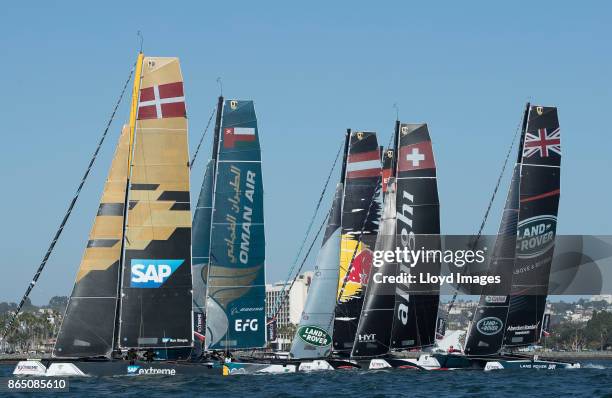 The fleet of race yachts in action during day3 of racing close to the city during the Extreme Sailing Series on October 21, 2017 in San Diego,...