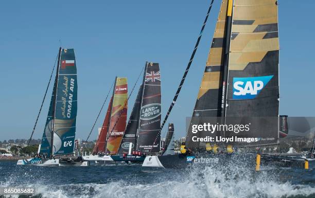 The fleet of race yachts in action during day3 of racing close to the city during the Extreme Sailing Series on October 21, 2017 in San Diego,...