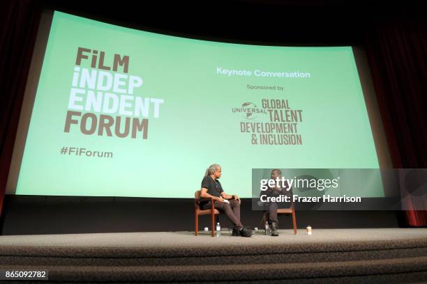 Film Independent Curator Elvis Mitchell and director/writer Jordan Peele speak onstage during day 3 of the Film Independent Forum at DGA Theater on...