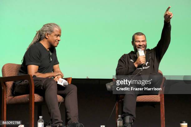 Film Independent Curator Elvis Mitchell and director/writer Jordan Peele speak onstage during day 3 of the Film Independent Forum at DGA Theater on...