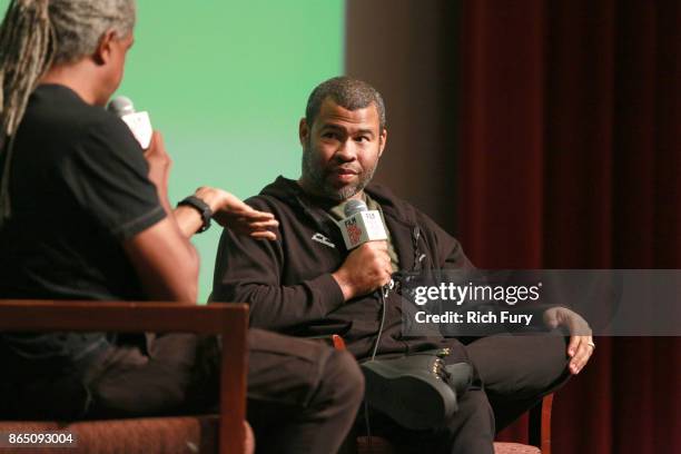 Film Independent Curator Elvis Mitchell and director/writer Jordan Peele speak onstage during day 3 of the Film Independent Forum at DGA Theater on...