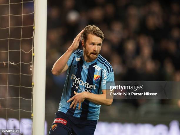 Jacob Une Larsson of Djurgardens IF celebrates after scoring to 1-1 during the Allsvenskan match between Djurgardens IF and BK Hacken at Tele2 Arena...