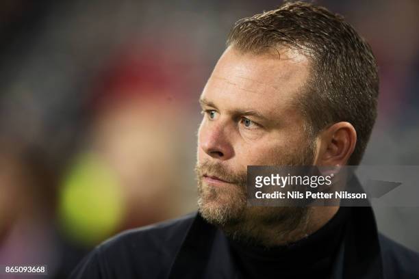 Mikael Stahre, head coach of BK Hacken during the Allsvenskan match between Djurgardens IF and BK Hacken at Tele2 Arena on October 22, 2017 in...