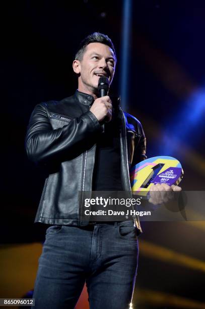 Luke Evans accepts the award for Best Film for 'Beauty and the Beast' at the BBC Radio 1 Teen Awards 2017 at Wembley Arena on October 22, 2017 in...