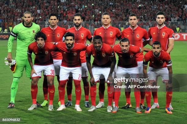 Al-Ahly's starting evelen pose for a group picture during the CAF Champions League semi-final football match between Al-Ahly vs Etoile du Sahel at...