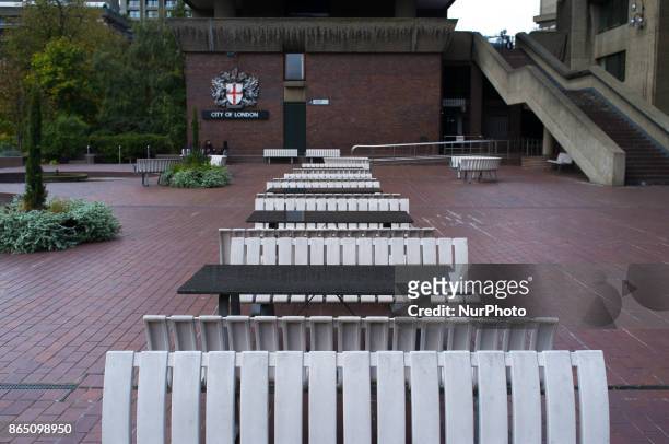 View of the world famous Barbican Centre, in the City of London on October 22, 2017. The Barbican Estate is a brutalist architecture residential...