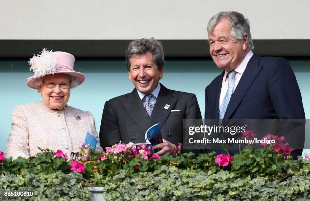 Queen Elizabeth II, John Warren and Sir Michael Stoute attend the QIPCO British Champions Day at Ascot Racecourse on October 21, 2017 in Ascot,...