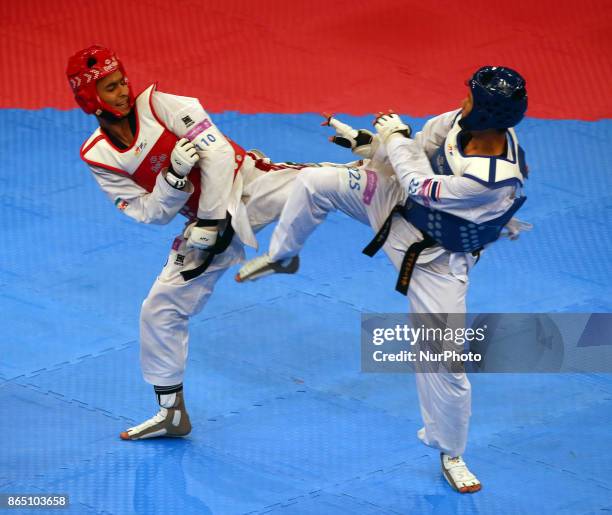 Armin Hadipour Seighalani of Iran and Tawin Hanprab of Thailand Seniors Male A +58 Semi - Final during 2017 London World Taekwondo Grand Prix - G4 at...