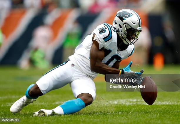Curtis Samuel of the Carolina Panthers attempts to recover the fumble in the first quarter against the Chicago Bears at Soldier Field on October 22,...