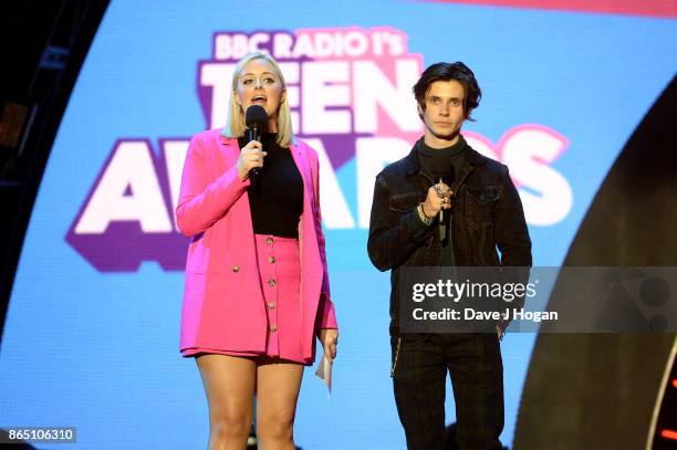 Katie Thistleton and Cel Spellman speak on stage at the BBC Radio 1 Teen Awards 2017 at Wembley Arena on October 22, 2017 in London, England.