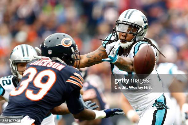 Eddie Jackson of the Chicago Bears intercepts the pass intended for Kelvin Benjamin of the Carolina Panthers in the second quarter at Soldier Field...