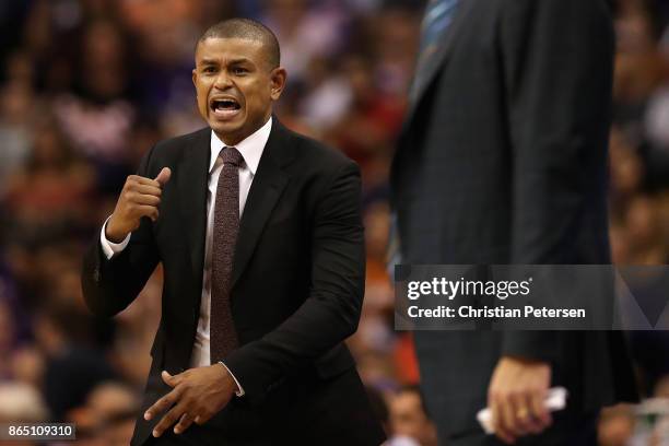 Head coach Earl Watson of the Phoenix Suns reacts during the NBA game against the Los Angeles Lakers at Talking Stick Resort Arena on October 20,...