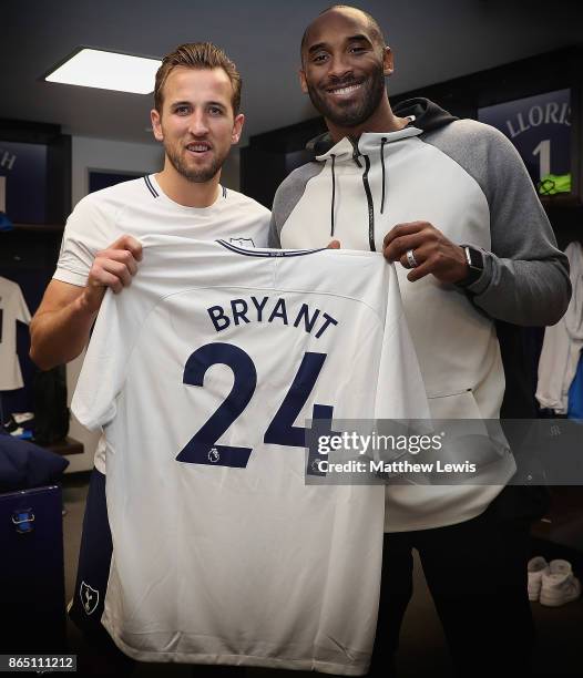 Kobe Bryant pictured with Harry Kane in the locker rooms at Wembley, as part of his European Black Mamba Tour with Nike on October 22, 2017 in...