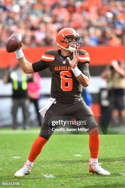 Cody Kessler of the Cleveland Browns throws the ball in the third quarter against the Tennessee Titans at FirstEnergy Stadium on October 22, 2017 in...