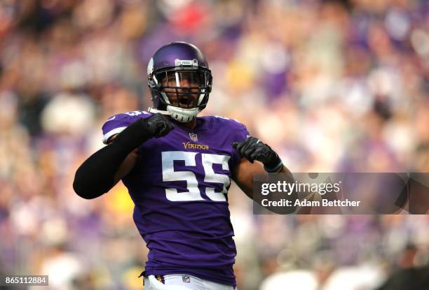 Anthony Barr of the Minnesota Vikings celebrates a sack in the third quarter of the game against the Baltimore Ravens on October 22, 2017 at U.S....