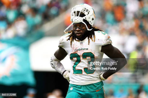 Jay Ajayi of the Miami Dolphins looks on during the second quater against the New York Jets at Hard Rock Stadium on October 22, 2017 in Miami...