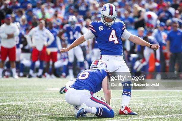 Stephen Hauschka of the Buffalo Bills kicks the ball during the second quarter of an NFL game against the Tampa Bay Buccaneers on October 22, 2017 at...