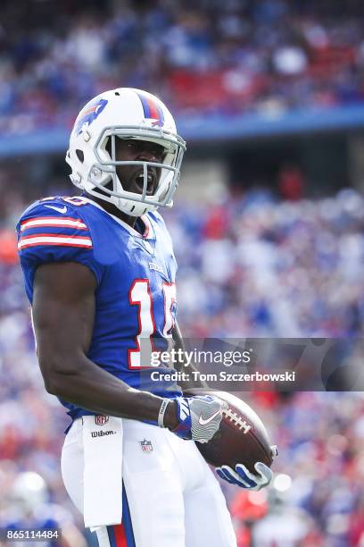 Deonte Thompson of the Buffalo Bills celebrates after making a catch during the second quarter of an NFL game against the Tampa Bay Buccaneers on...