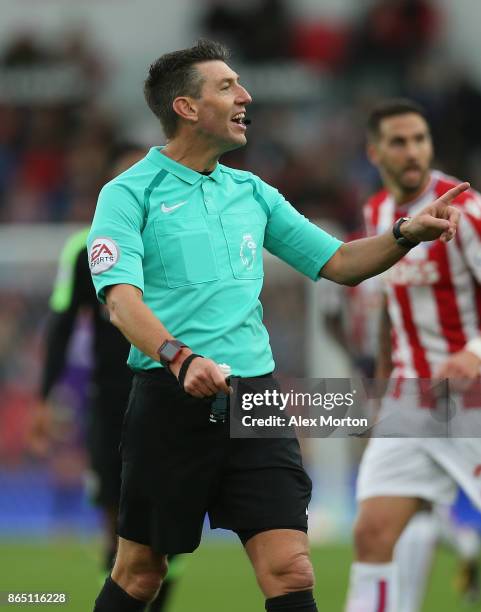 Match referee Lee Probert during the Premier League match between Stoke City and AFC Bournemouth at Bet365 Stadium on October 21, 2017 in Stoke on...