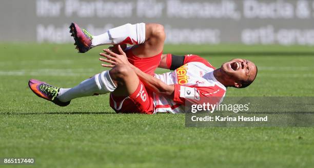 Jann George of Regensburg injured on the ground during the Second Bundesliga match between FC Erzgebirge Aue and SSV Jahn Regensburg at...