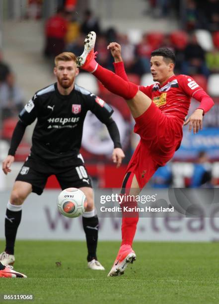 Samir Benamar of Erfurt on the ball during the 3.Liga match between FC Rot-Weiss Erfurt and Hallescher FC at Arena Erfurt on October 21, 2017 in...