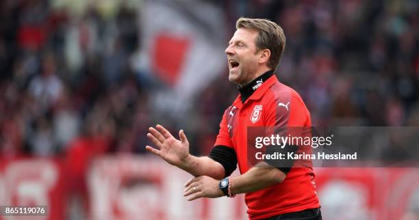Headcoach Rico Schmitt of Halle reacts during the 3.Liga match between FC Rot-Weiss Erfurt and Hallescher FC at Arena Erfurt on October 21, 2017 in...