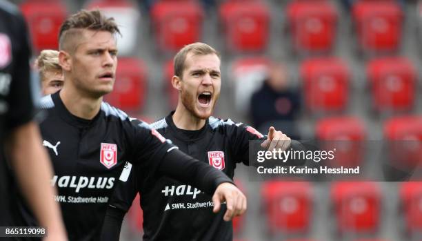 Fabian Baumgaertel of Halle reacts during the 3.Liga match between FC Rot-Weiss Erfurt and Hallescher FC at Arena Erfurt on October 21, 2017 in...