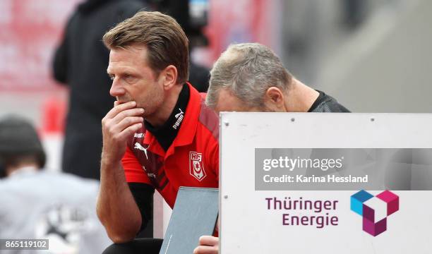 Headcoach Rico Schmitt of Halle during the 3.Liga match between FC Rot-Weiss Erfurt and Hallescher FC at Arena Erfurt on October 21, 2017 in Erfurt,...