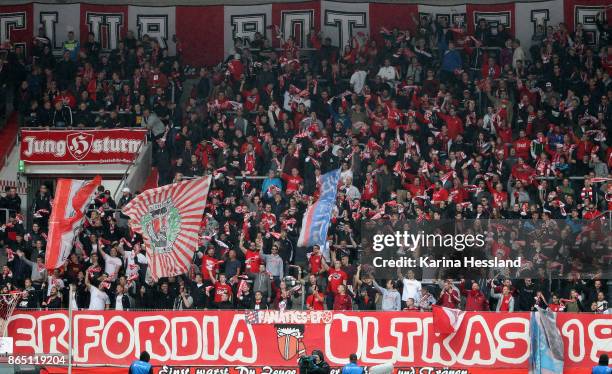 Fans of Erfurt during the 3.Liga match between FC Rot-Weiss Erfurt and Hallescher FC at Arena Erfurt on October 21, 2017 in Erfurt, Germany.