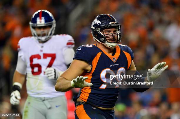 Defensive end Adam Gotsis of the Denver Broncos celebrates a sack against the New York Giants at Sports Authority Field at Mile High on October 15,...