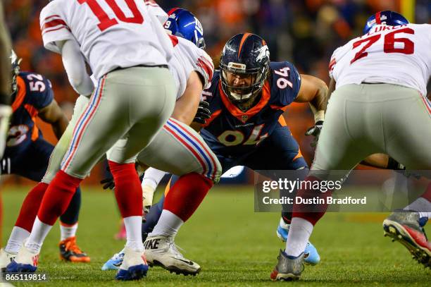 Nose tackle Domata Peko of the Denver Broncos lines up against the New York Giants at Sports Authority Field at Mile High on October 15, 2017 in...