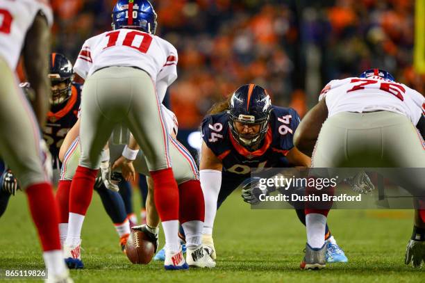 Nose tackle Domata Peko of the Denver Broncos lines up against the New York Giants at Sports Authority Field at Mile High on October 15, 2017 in...