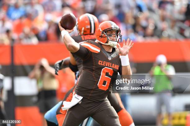 Cody Kessler of the Cleveland Browns passes in the third quarter against the Tennessee Titans at FirstEnergy Stadium on October 22, 2017 in...