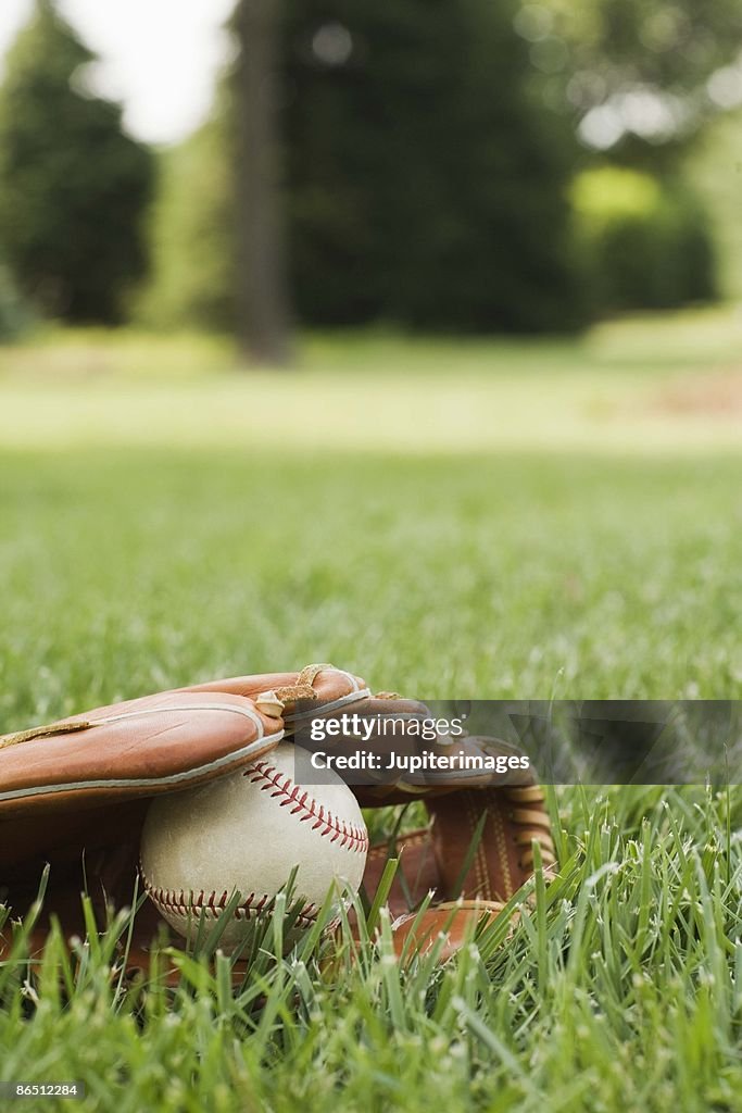 Baseball mitt with ball in grass