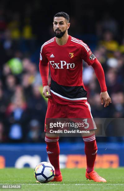 Miguel Britos of Watford runs with the ball during the Premier League match between Chelsea and Watford at Stamford Bridge on October 21, 2017 in...