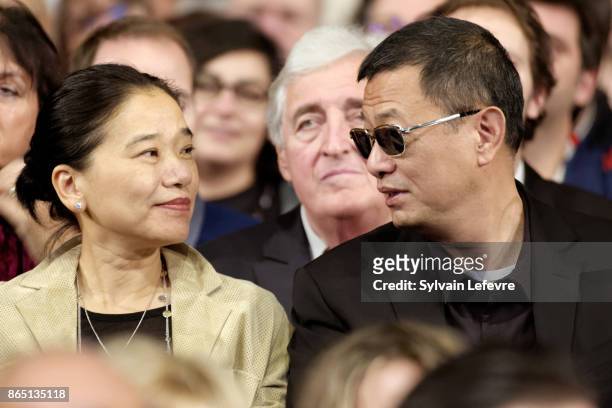 Wong Kar-wai and his wife Ye-cheng Chan aka Esther Wong attend the closing ceremony of 9th Film Festival Lumiere on October 22, 2017 in Lyon, France.