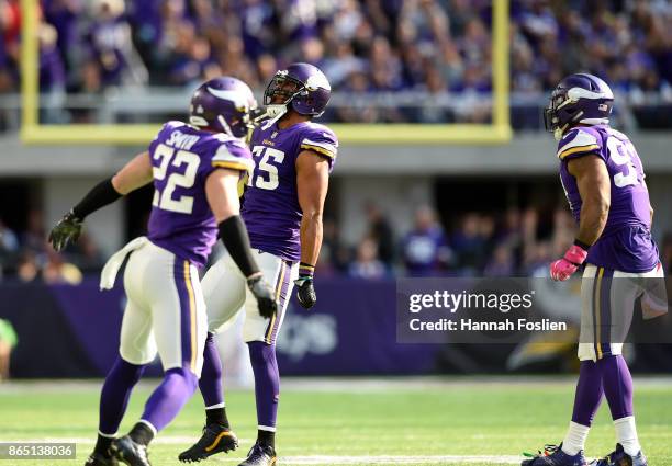 Anthony Barr of the Minnesota Vikings celebrates after making a tackle on Javorius Allen of the Baltimore Ravens in the second half of the game on...