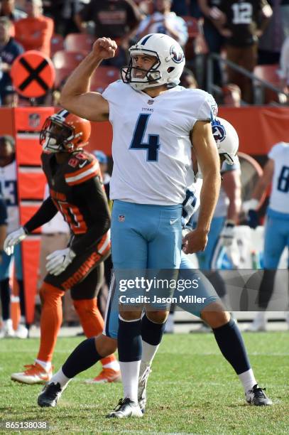 Ryan Succop of the Tennessee Titans celebrates kicking the game-winning field goal in overtime against the Cleveland Browns at FirstEnergy Stadium on...