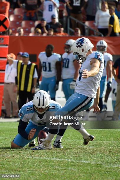 Ryan Succop of the Tennessee Titans kicks the game winning field goal in overtime against the Cleveland Browns at FirstEnergy Stadium on October 22,...