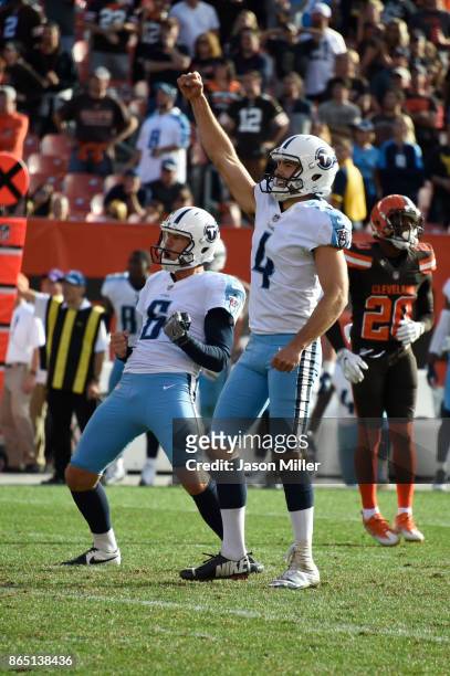 Ryan Succop and Brett Kern of the Tennessee Titans celebrate after Succop kicked the game-winning field goal in overtime against the Cleveland Browns...