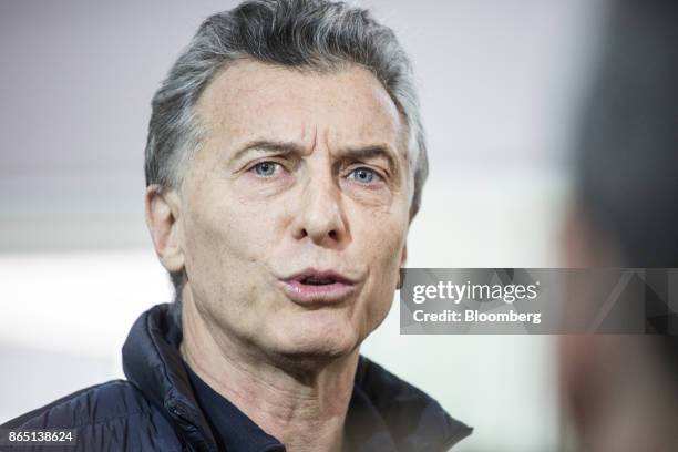 Mauricio Macri, Argentina's president, speaks to members of the media at a polling station in Buenos Aires, Argentina, on Sunday, Oct. 22, 2017....